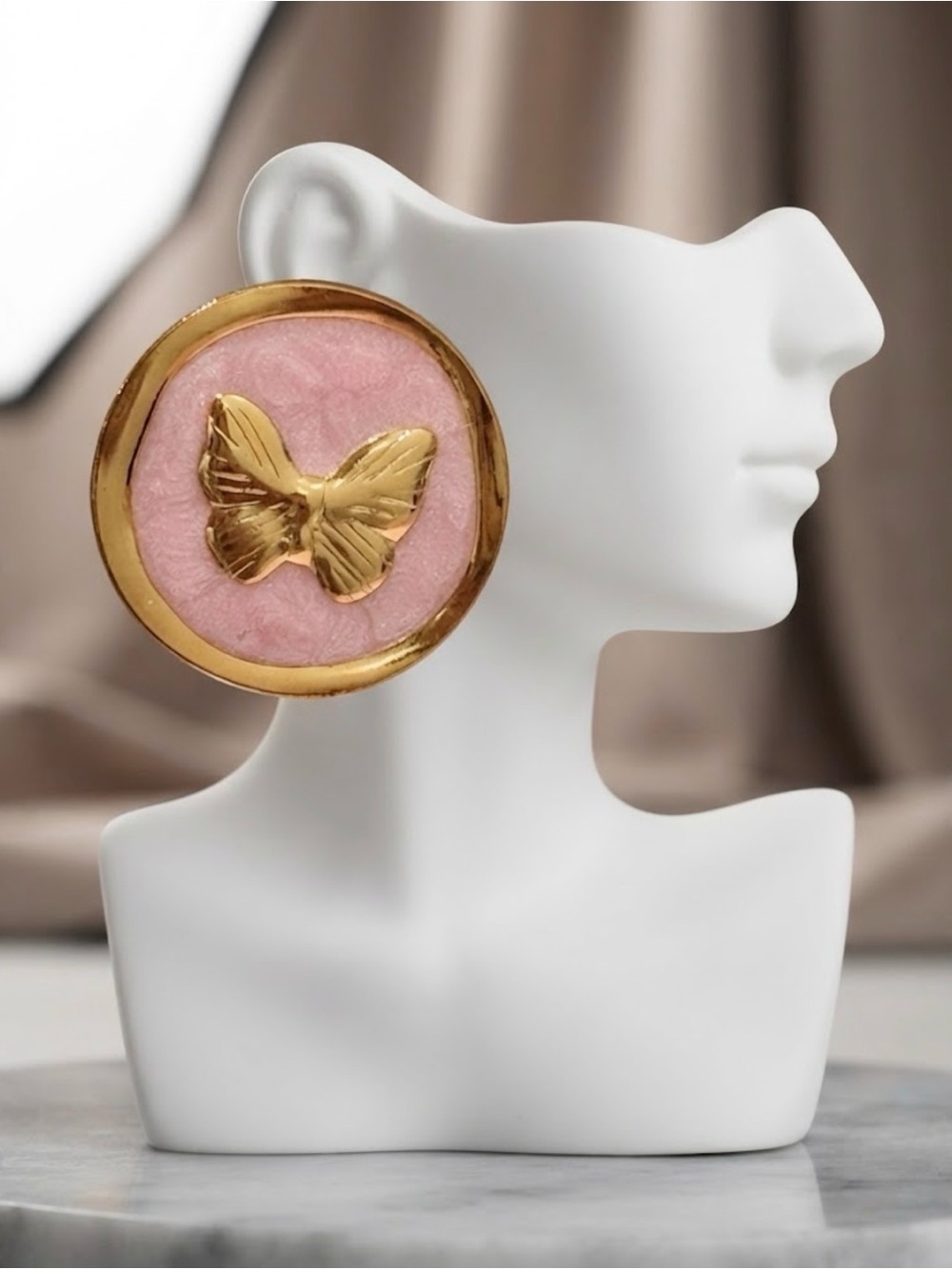 Gold Butterfly Pink Disc Statement Earrings - Women Jewelry